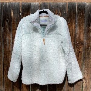 Pale blue and white pullover Sherpa zip neck